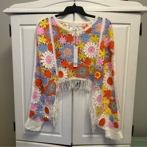 NWT House of Harlow 1960 Multicolor Crochet Sweater Top Fringe Boho OSFM